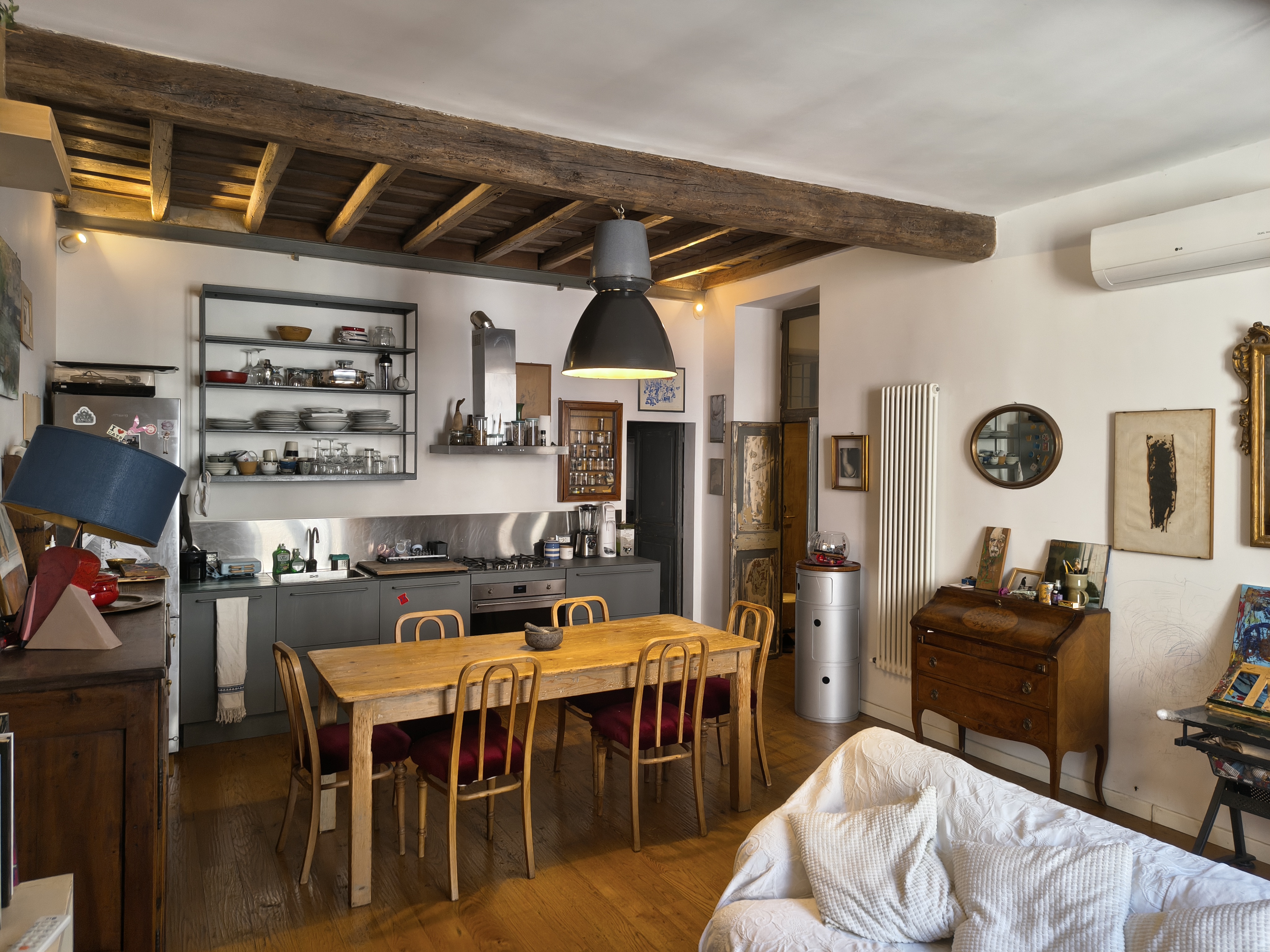The living area with wooden table
